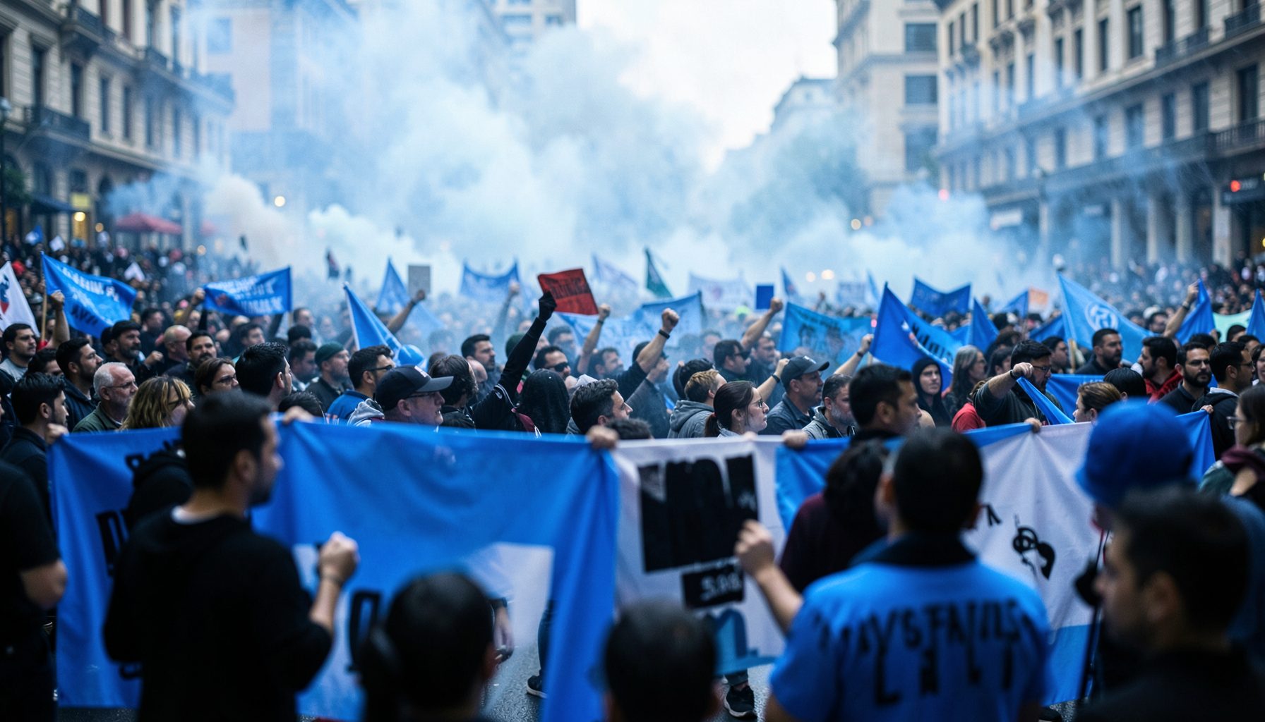 Wide-angle photograph of a crowded city square filled with protesters holding banners, hazy atmosphere with tear gas drifting through the scene