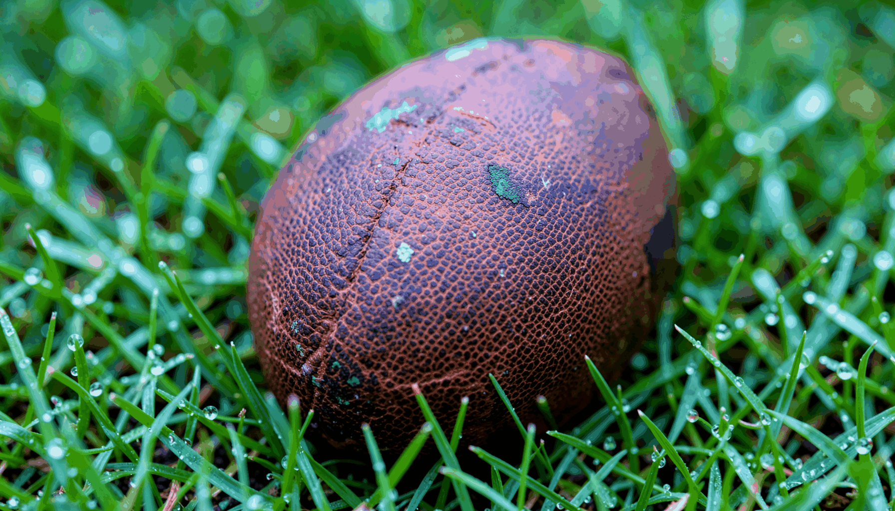 Close-up of a worn leather football resting on dewy green grass, rich browns and vivid greens dominating the frame