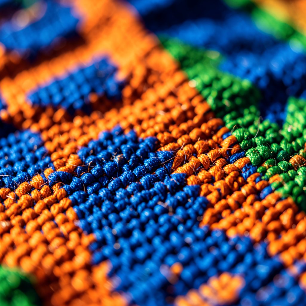 Close-up of woven kitenge fabric with bold orange, blue, and green geometric patterns in warm sunlight