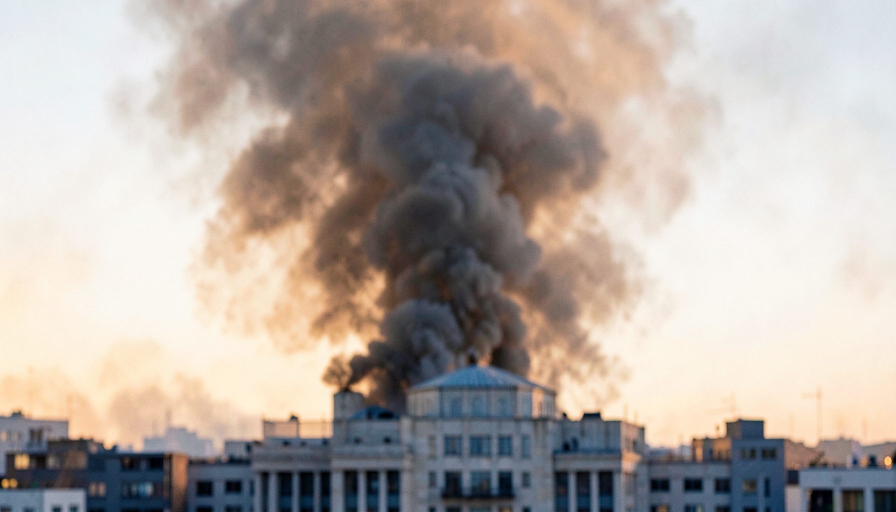 Dense smoke rising above a government building in an urban area, warm orange and grey tones against a pale sky