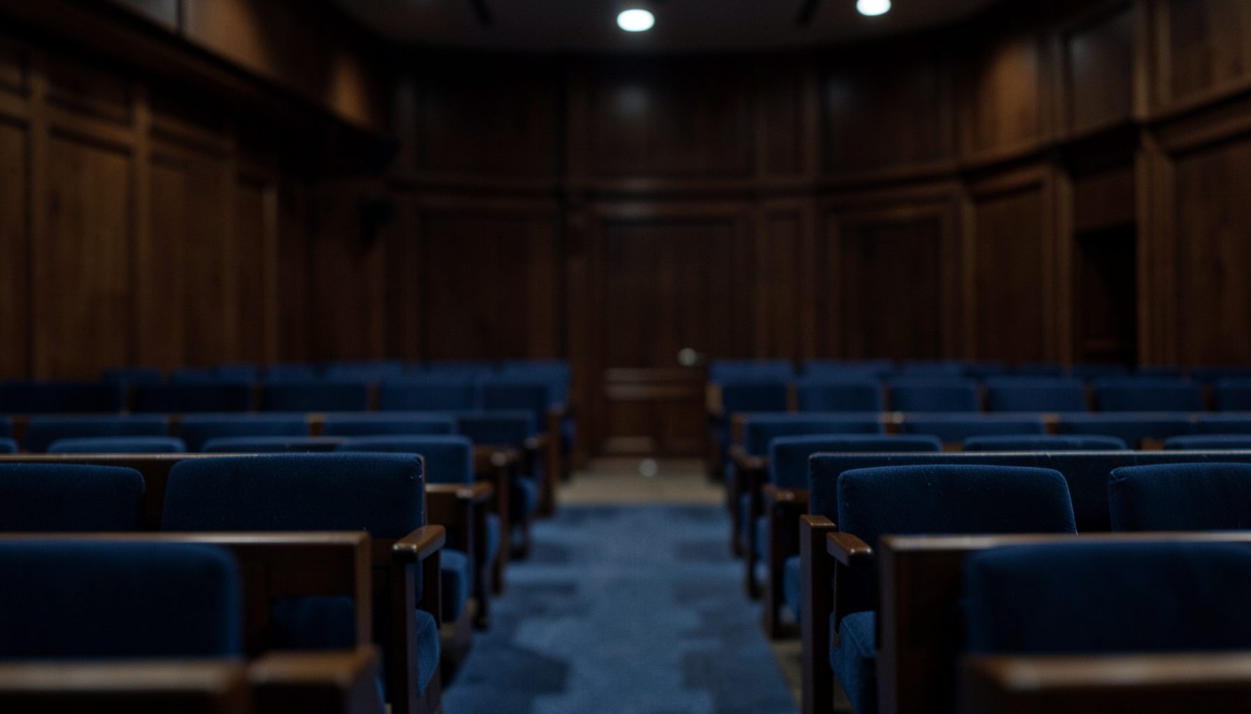 A parliamentary chamber interior with rows of empty seats, subdued lighting and wood-paneled walls in deep brown tones