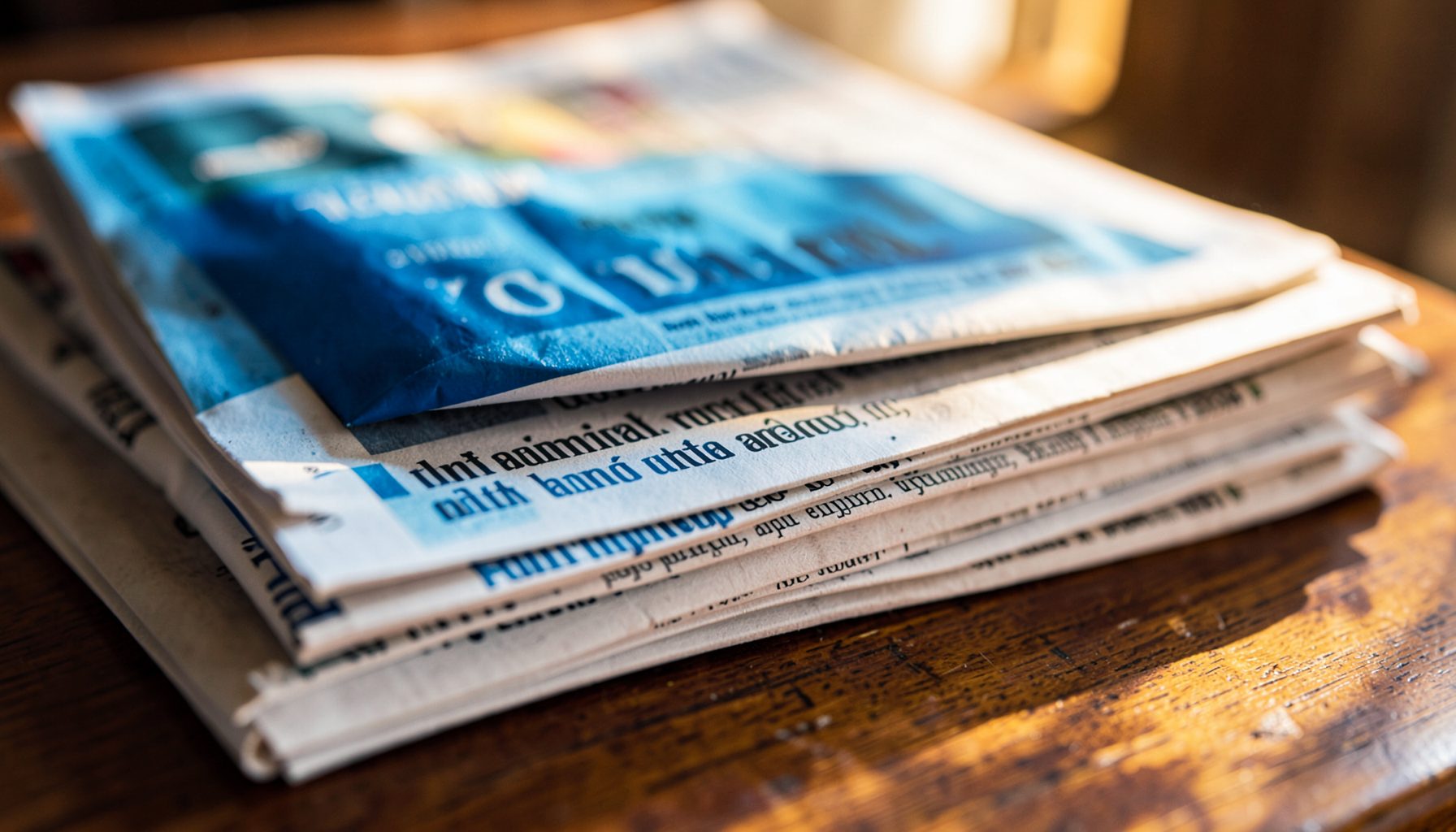 Stack of newspapers with Swahili headlines in warm morning light on a wooden table