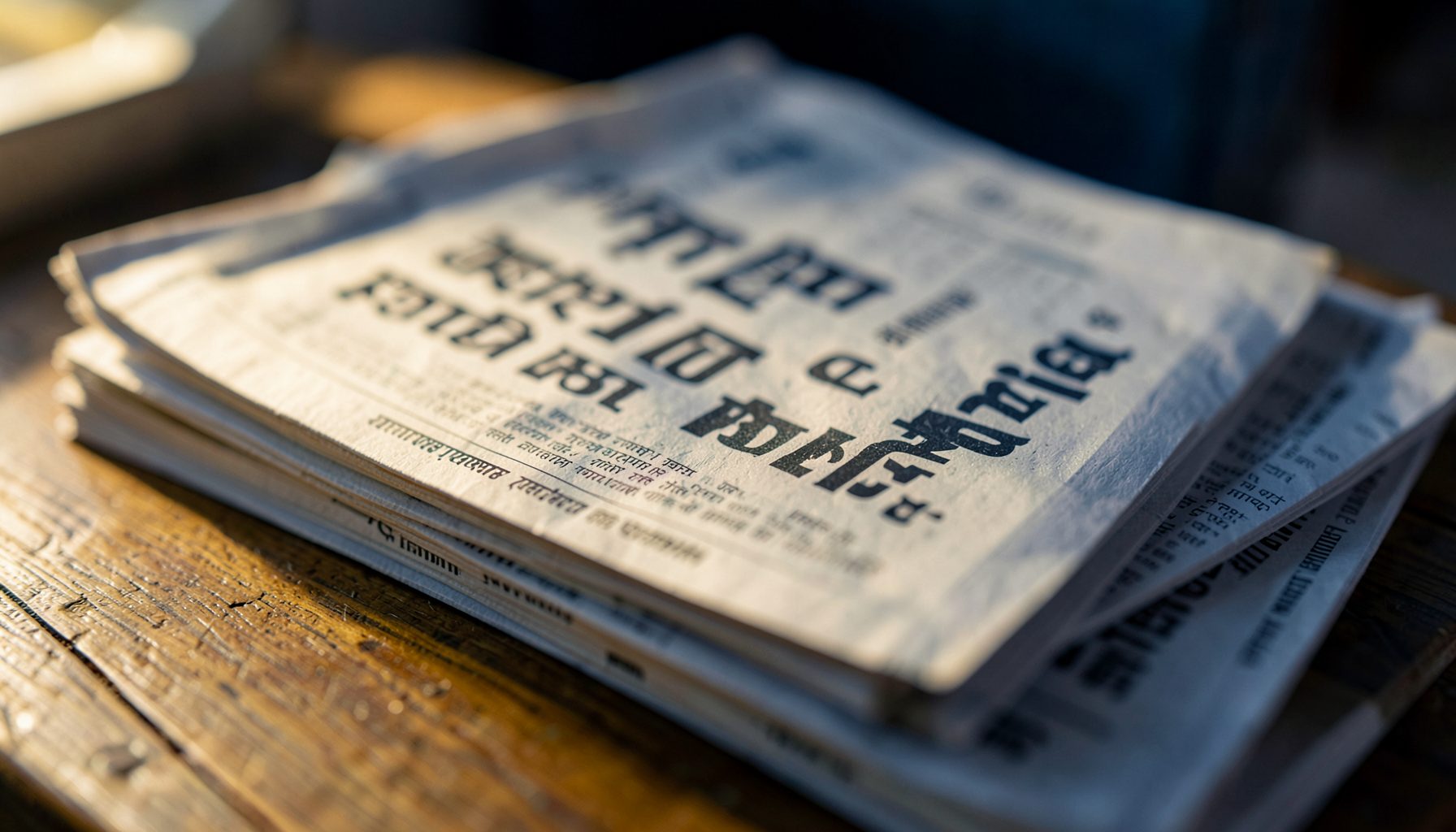 Stack of newspapers with Swahili headlines in warm morning light on a wooden table, suggesting business and economic reporting